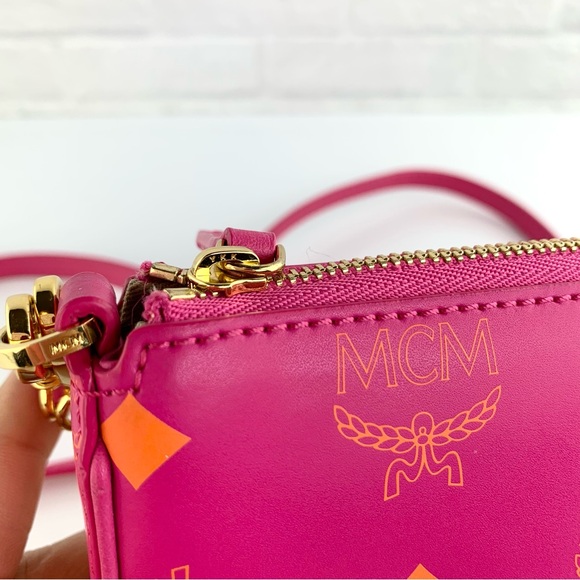 MCM Visetos Mini Zip Pouch Splash Logo Crossbody Bag Pink $650 - Picture 6 of 15